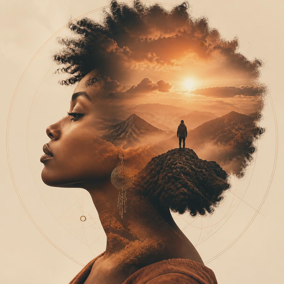 Editorial portrait blending a woman's silhouette with a mountain landscape at golden hour